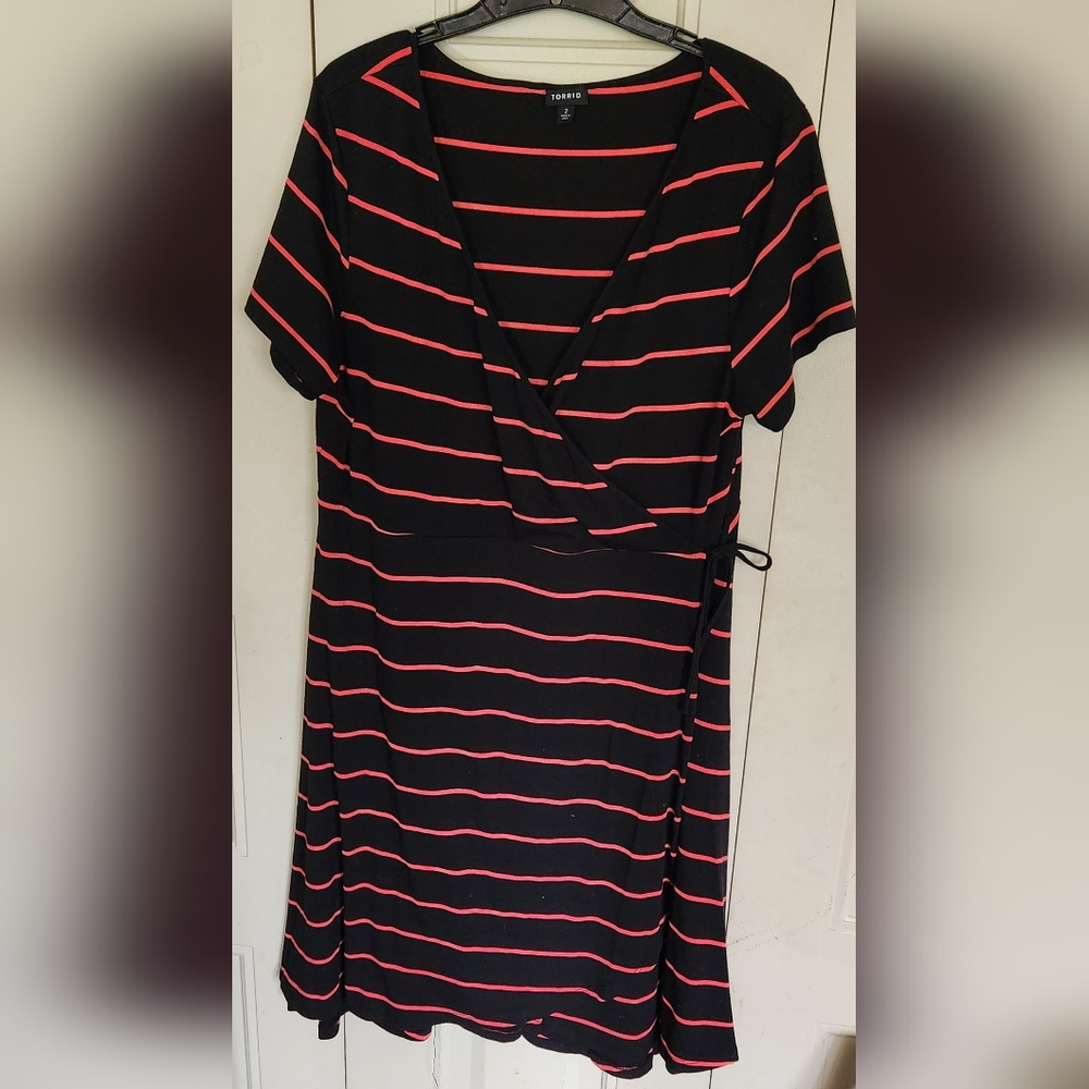 Black and Orange Striped Wrap Dress